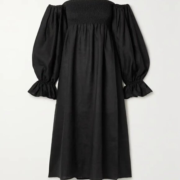 NWOT SLEEPER | Atlanta Off The Shoulder Shirred Linen Dress Black - NEVER WORN - Picture 2 of 6